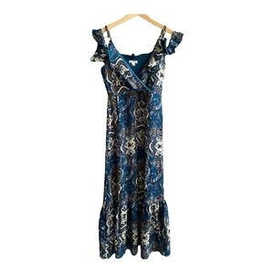 XHILARATION Teal Floral Cold Shoulder Maxi cottage core Dress Ruffles Size L